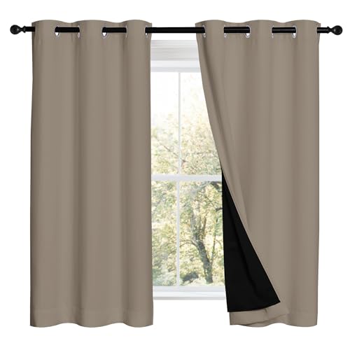 Image of NICETOWN 100% Blackout Short Curtains with Black Liners, 2 Panels, 37 inch W by 50 inch L, Taupe, Solid Thermal Insulated Full Blackout 2-Layer Lined Drapes, Energy Efficiency Window Draperies for Bedroom