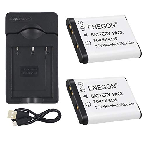 ENEGON 2 Baterías y Cargador para Nikon EN-EL19 and Nikon Coolpix S32 S33 S100 S2800 S3100 S3200 S3300 S3500 S3600 S4100 S4200 S4300 S5200 S5300 S6500 S6600/6800 y Sony NP-BJ1 DSC-RX0