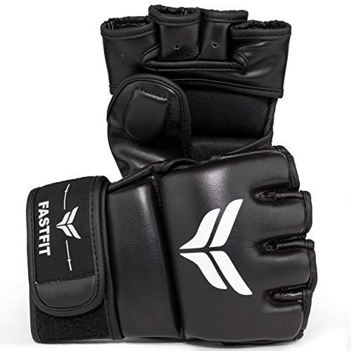 5F FastFit MMA Gloves PU Leather Fighting Gloves for Men and Women-Fingerless Gloves Perfect for MMA,Punching Bag,Kickboxing,Muay Thai and Training-with Adjustable Wrist Band (Black, Medium)