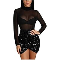 riou Mini Vestido Mujer Sexy Vestidos Transparentes Casual con Manga Larga y Cuello Alto Clubwear Ajustado Falda de Cadera Lentejuelas para Fiesta