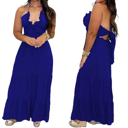 Image of TOPSRANI Womens Sleeveless Maxi Dress Halter Casual Backless Smocked Tiered Ruffle Flowy Sexy Slip Sling Strap Dresses