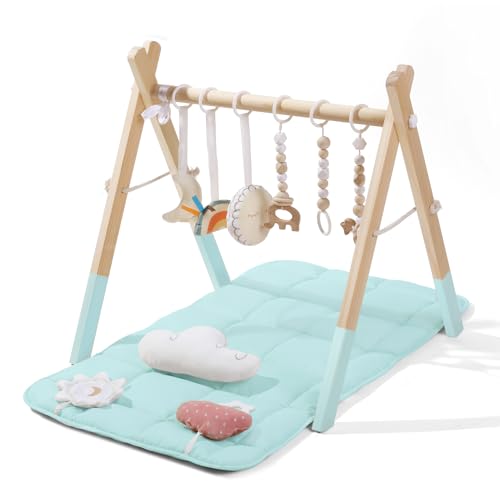 Image of Foldable Baby Play Gym with Mat, Wooden Play Gym with 9 Sensory Toys, Frame Activity Center, Natural Pine Wood, Montessori Toys, Easy to Assemble & Clean, Newborn Gift, Blue Color
