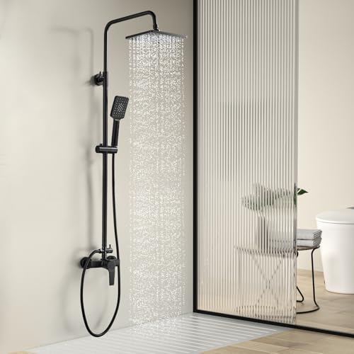 Coleniny Columna Ducha con Grifo Negro, Altura Regulable 110-145cm, Conjunto Completo con Grifo Monomando, Sistema de Lluvia Cuadrada 21x21cm, Ducha de Mano de 3 Modos, Manguera 1.5 m