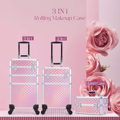 Yueieoun Rolling Makeup Case with Wheels Professional 3 in 1 Cosmetic Train Case and Cosmetology Cart Trunk for Makeup Artists Hairstylists Nail Techs and Salons Large Storage Capacity, Pink by Yueieoun - Image 7