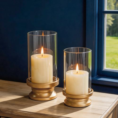 NUPTIO Hurricane Candle Holder Gold: Pillar Candle Holders with Clear Glass Sleeve - Set of...
