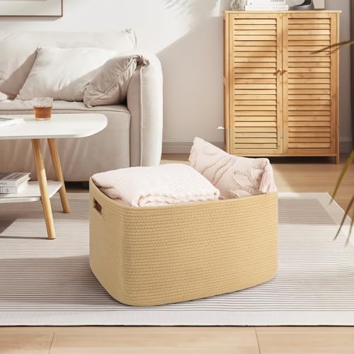 Image of OIAHOMY 75L Large Blanket Basket, Woven Cotton Rope Baskets for Organizing 22 inchx17 inchx12 inch, Blanket Basket living Room, Toy Storage Bins for Nursery, Yellow
