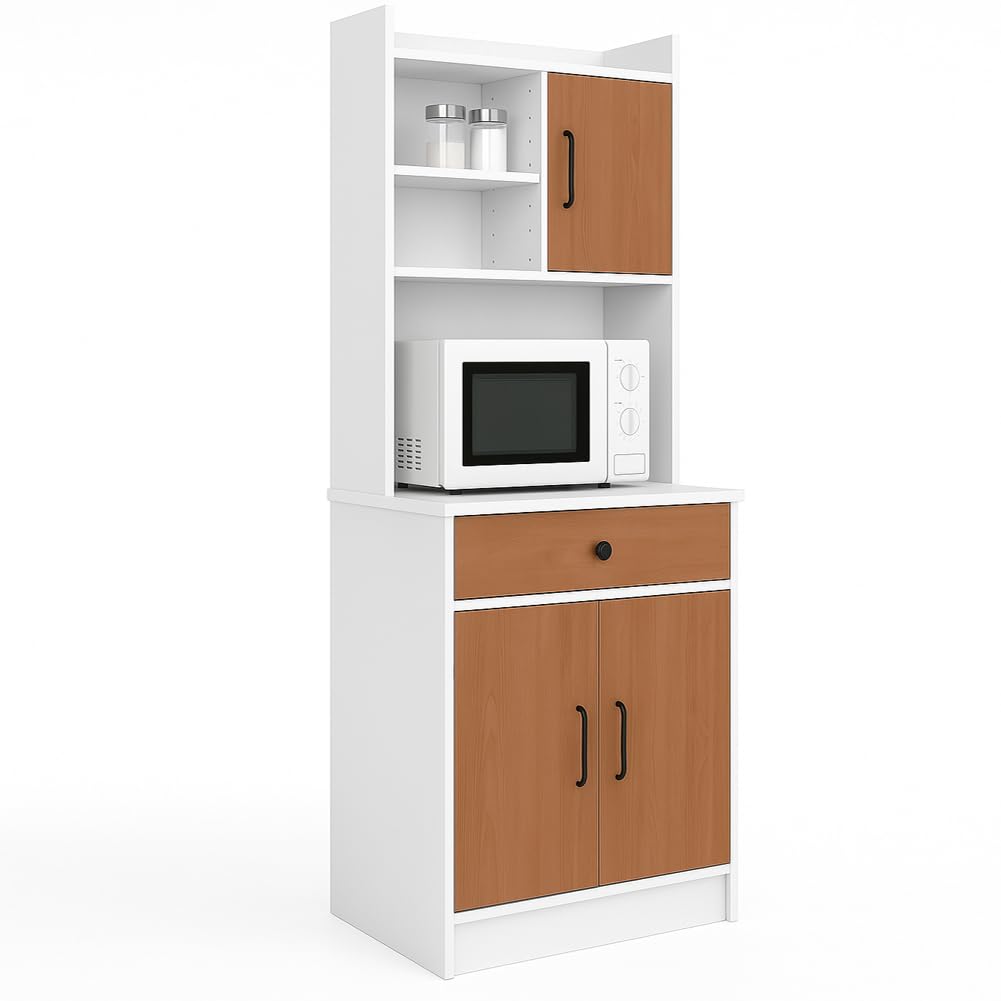 BAKAJI Armadio da Cucina Alto Multiuso, Credenza Mobile da Soggiorno, Sala da Pranzo, Salvaspazio, Sistema di Sicurezza, Mobiletto Dispensa con 2 Ante e 1 Cassetto, 55 x 40 x 180 cm (Bianco e Quercia)