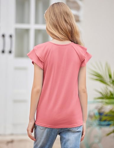 Image of Girls T Shirts Ruffle Short Sleeve Round Neck Loose Blouse Summer Solid Color Casual Girl Tee Tops for 3-12 Years