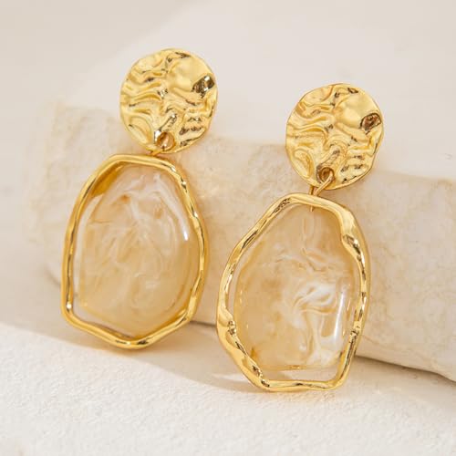 Chunky 14k Gold Brown Resin Earrings for Women Vintage, White Crystal Y2K Statement Drop Dangle Two Tone Earring Party Prom Jewelry Gifts Accessories (White) by OAOSIOH - Image 4