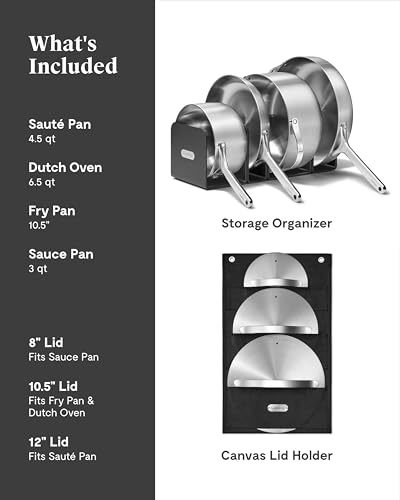 Image of Caraway Stainless Steel Cookware Set - 12 Piece 5-Ply Stainless Steel Pots and Pans Set - Includes Fry, Sauce, Saute Pan, Dutch Oven, and Space-Saving Storage - Non Toxic, PTFE & PFOA Free