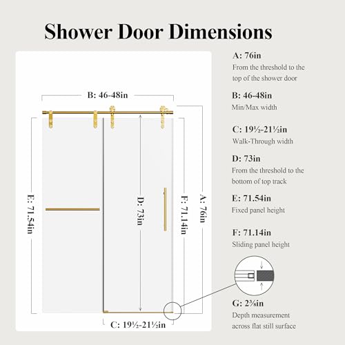 Image of 46-48 inch W x 76 inch H Frameless Sliding Shower Door, Safety Bathroom Single Sliding Glass Doors with 5 /16 inch (8mm) SGCC Tempered Glass, Stainless Steel Towel Rail and Auxiliary Handle, Brushed Gold