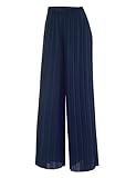 Lock and Love LL WB1795 Womens Casual High Waisted Pleated Wide Leg Palazzo Pants Trousers with Elastic Waist Band L Navy