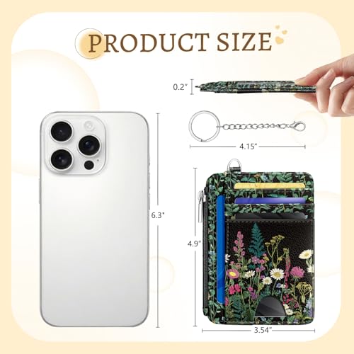 Image of Kelvoris Wildflower Credit Card Holder Small Wallet Women Flowers Slim RFID | Keychain, Zipper Coin Pocket, Front Pocket Thin Travel Card Case, Minimalist, 6 Card Slots, 1 ID Window, Ladies Gifts Woman