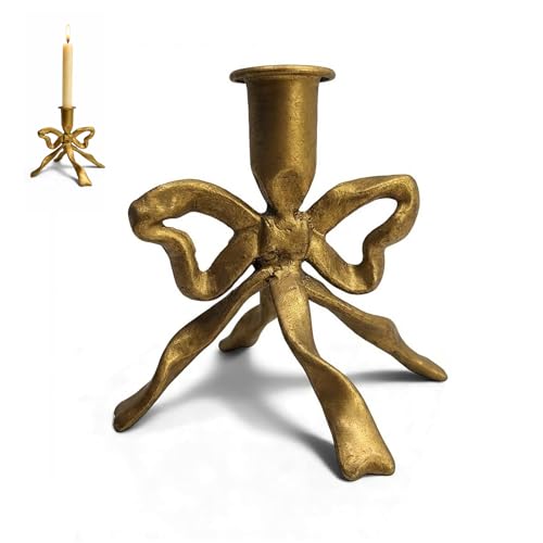 Heavy Cast Iron Dancing Bow Taper Candle Holders Ribbon-Inspired Sculptural Design Fits 7/8 Candlesticks Vintage Metal for Mantel Tabletop & Seasonal Decor (1 Brass)