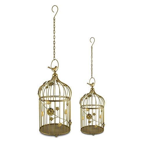 Image of Homesake Golden Metal Cage Tealight Candle Holder Set of 2 with Floral Vine Design & Hanging Chain, Decor Lantern for Home Decor, Living, Balcony, Wedding, Diwali Decoration, Return Gifts for Pooja