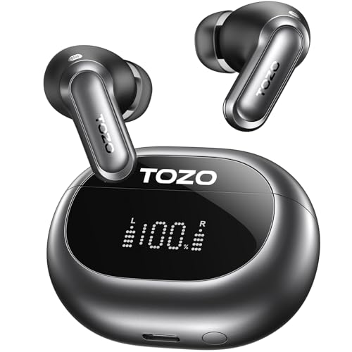 TOZO NC20 Kopfhörer Kabellos Bluetooth, In Ear Kopfhörer Bluetooth 5.4, 6-Mikrofone, KI-klare Anrufe, ANC Noise Cancelling, LDAC Hi-Res Sound, Stereo Bass, IPX8 Wasserdicht, Kabelloses Laden - Schwarz