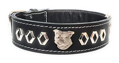 M&D Hundehalsband aus genarbtem Leder mit einzigartigem Design und Staffordshire Bullterrier-Motiv, 3,8 cm breit, Größe L: 50,8 cm – 61 cm, Schwarz