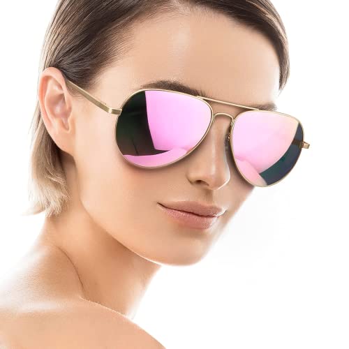 SODQW Gafas de Sol Polarizadas Mujer Espejo Marca Clásico Metal Marco UVA/UVB Protección (Marco Dorado/Rosado Lense)