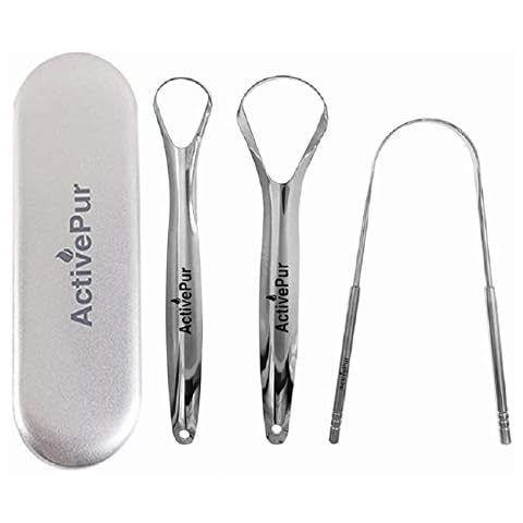 ActivePur Tongue Scraper Cleaner (3 Pcs) Best Stainless Steel Tongue Cleaner Seller, Use mouth wash, toothpaste for Bad Breath, Improve good Oral Hygiene, Handy Metal Travel Carry Case. Cover