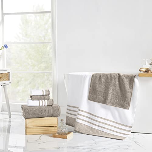 Modern Threads 6 Piece Set, 2 Bath Towels, 2 Hand Towels, 2 Washcloths, Quick Dry White/Contrast Reinhart Tan #TOP1