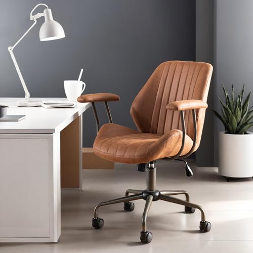 Image of Mid Back Home Office Chair, Mid Century Modern Executive Chair, Comfy Ergonomic Rolling Office Desk Chair with Lumbar Support, Brown Faux Leather Office Chair, Brown