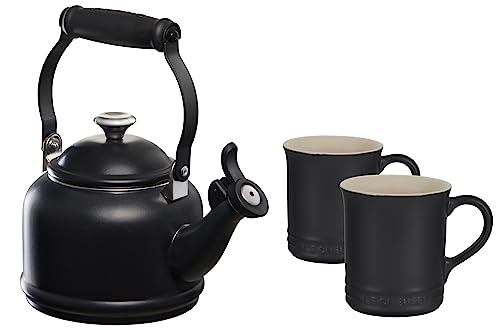 Le Creuset Enamel On Steel Demi Kettle with Metal Finishes & Stoneware Set of 2 Mugs, 1.25 qt. Kettle & (2) 14 oz. Mugs, Licorice