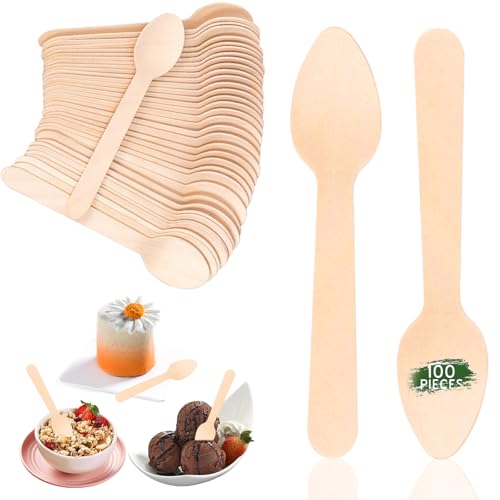 100 cucchiai in legno usa e getta, 11 cm, biodegradabili, posate in legno, per feste ed eventi, campeggio
