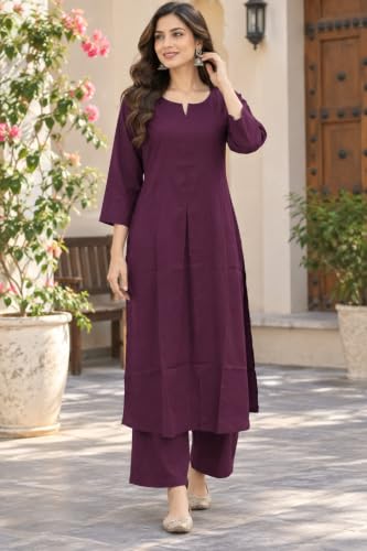 Image of idaLia Rayon Solid Straight Brown Kurta Set for Women with Palazzo 3 /4 Sleeve, Round V Neck Designer Kurta with Palazzo Pant Set