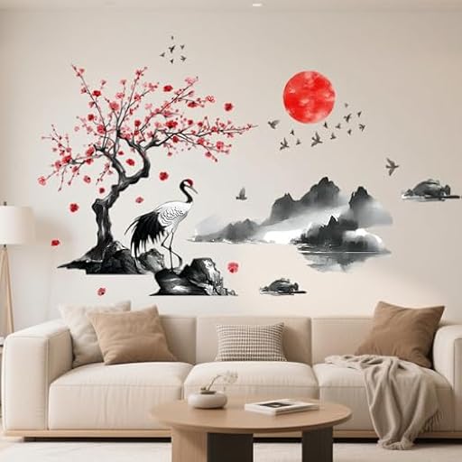milaosk Vinilos de Pared Decorativos Pegatinas de Pared Chino de Tinta Feng Shui Árbol de Flores Grúa Montaña sol Adhesivos Pared Pared para Salón Dormitorio Oficina | Ya disponible en tu tienda friki favorita! En mundofriki.es!