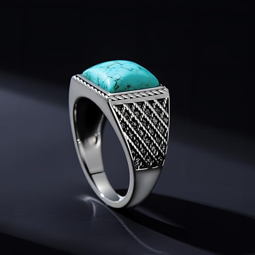 925 Sterling Silver Genuine Turquoise Rings for Men Square Real Natural Gemstone with Plaid Texture Native American Style Jewelry4