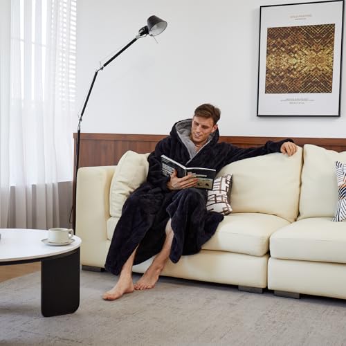 Men's Soft Fleece Plush Robe with Hood Super Warm Luxury Winter Full Length Long Bathrobe3