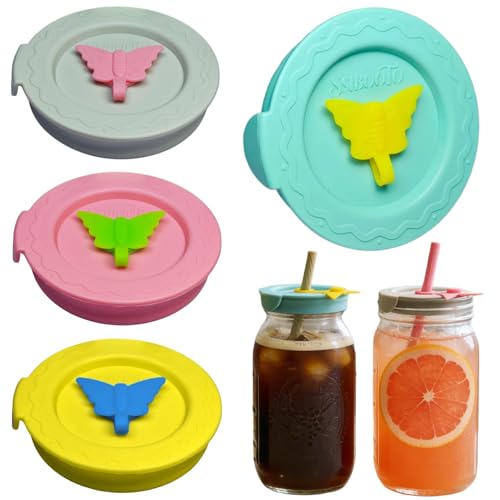 SSIBOOTO 4 Pack Silicone Mason Jar Lids with Straw Hole Mason Jar Drinking Lids for Ball Kerr and More Fit Regular Mouth & Wide Mouth Leak-Proof Dishwasher Safe (Single Color)