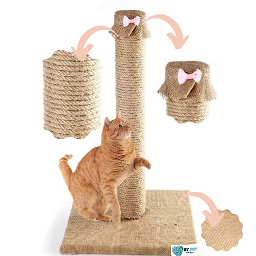 Bypet Kedi Tırmalama Direği - Doğal Jüt Halat Kedi Tırmalama ve Oyun Platformu (Pembe Papyon)