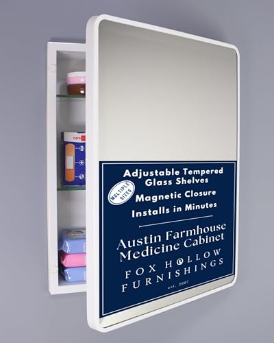 Image of 16x20 Austin Farmhouse Metal Framed Rounded Rectangle Recessed Bathroom Medicine Cabinet, Beveled Mirror, 14x18 in-Wall Opening, powder-coated Steel, Adjustable Glass Shelves, Magnet Close, White