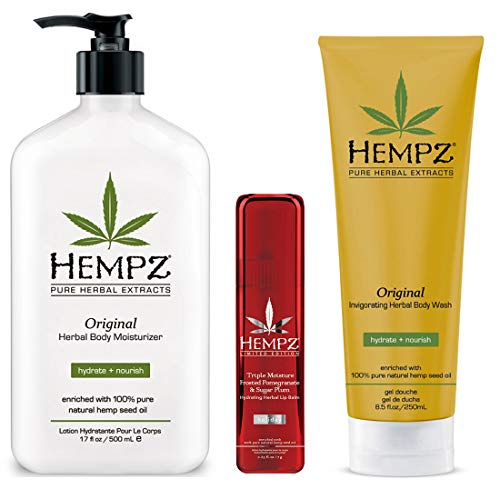 Hempz Original Bath and Body Herbal Moisturizer lotion, Wash & Limited Edition Lip Balm Trio Set