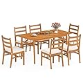 Tangkula 7 Pieces Patio Acacia Wood Dining Set, Outdoor Heavy Duty Rectangular Table with 1.97” Umbrella Hole and 6 Cushioned Chairs, for Deck, Garden and Backyard