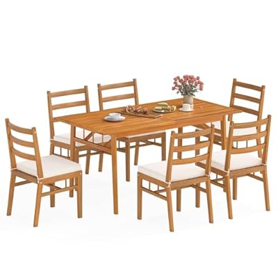 Tangkula 7 Pieces Patio Acacia Wood Dining Set, Outdoor Heavy Duty Rectangular Table with 1.97” Umbrella Hole and 6 Cushioned Chairs, for Deck, Garden and Backyard