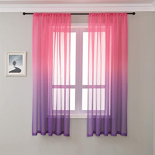 GYROHOME Cortina Transparente de Gasa con Textura de Lino con fantástico Color Degradado, Elegante para Dormitorio, decoración del hogar, Juego de 2 Paneles, Rosa y Morado, 107 x 158 cm