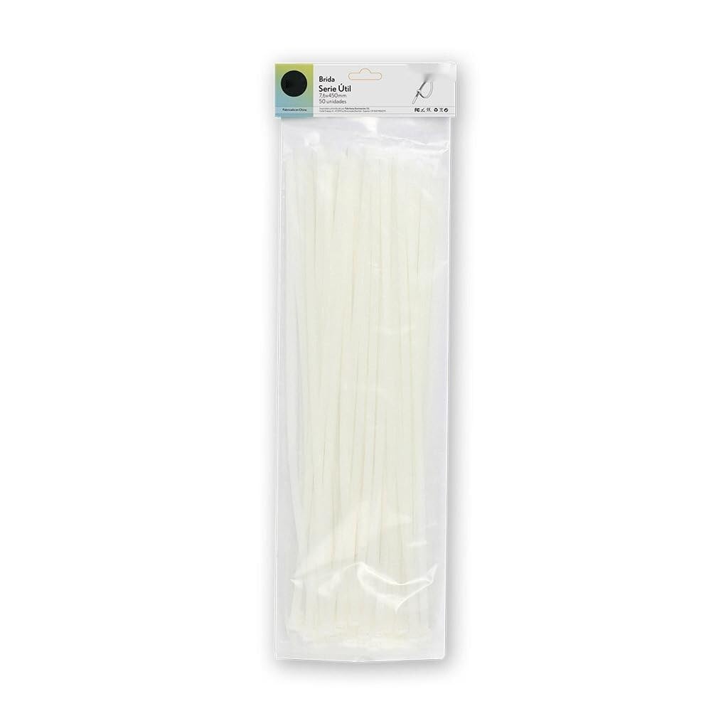 Bag of 50 White Cable Ties 7.6 x 450 mm, 100% Nylon 66, Strong and Durable for Fixing and Organizing Cables