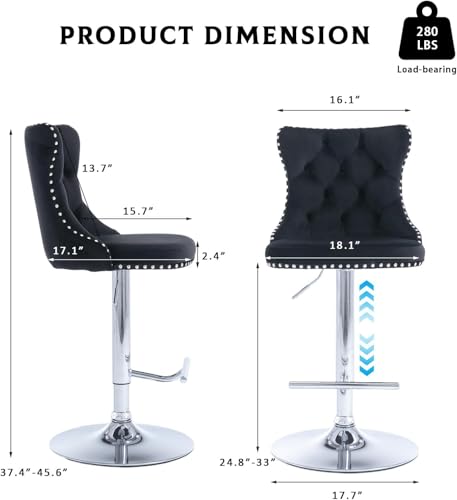 Set de 4 Butacos Giratorios de Barra de Terciopelo de 33" con Respaldo, Altura Ajustable, Sillas Modernas Tapizadas con Patas Plateadas para Isla de Cocina, Barra y Comedor (Negro y Patas Plateadas) miniatura 2