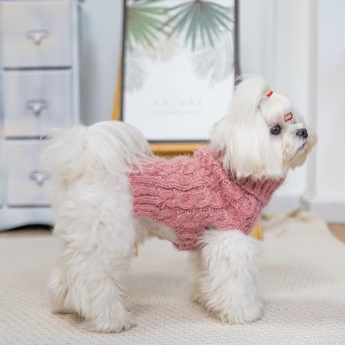 Image of Turtleneck Small Dog Sweaters - Valentine Classic Cable Knitwear Winter Coat for Small Medium Dogs Male Female Puppy Dog Cold Weather Clothes Girls Boys, Light Pink, S /M