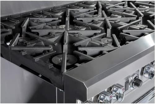 Close-up of Southbend Range 4361D cast iron grates and burners