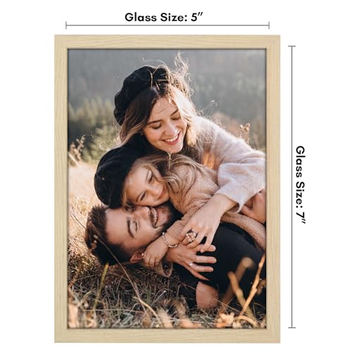 Americanflat 5x7 Picture Frame with Shatter-Resistant Glass - Streamline Collection - Thin Border Picture Frame for Tabletop and Wall Display - Hanging Hardware and Easel Stand Included - Natural Oak