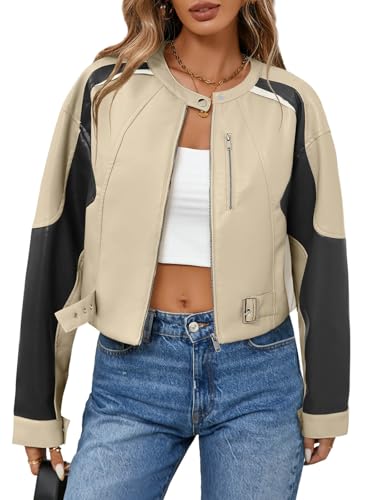 Tankaneo Womens Faux Leather Bomber Jackets Cropped Zip Up Color Block Fall Casual Moto Biker Coats2