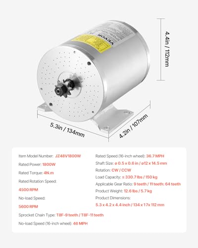 VEVOR Bürstenloser Elektromotor-Satz, 1800 W, Gleichstrom-Elektromotor für Go-Karts, 48 V 4500 U/min, mit verbessertem Geschwindigkeitsregler und Gaspedal, für Elektrofahrräder, Motorräder, Roller