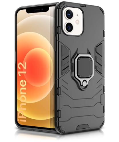 Image of WOW IMAGINE Shock Proof Back Case Mobile Cover for Apple iPhone 12 (Armor | Hybrid PC + TPU | Full Protection with Ring Holder Kickstand | Carbon Black)