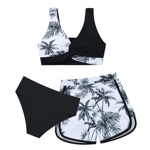 Weixinbuy Girl's 3 Piece Swimsuit Teen Swimwear Tropical Print Twist Cross Bikini Bathing Suit with Cover Up Shorts Size 10-12 Black