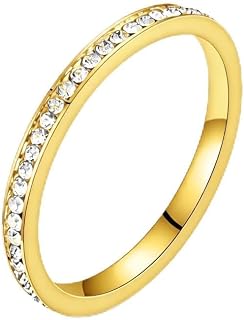 [Rockyu] リング レディース ステンレス 指輪 2mm 細身 シンプル ラインストーン 金属アレルギー対応 IPゴールドコーティング 華奢 重ね付け ファッションリング 記念日 誕生日 プレゼント