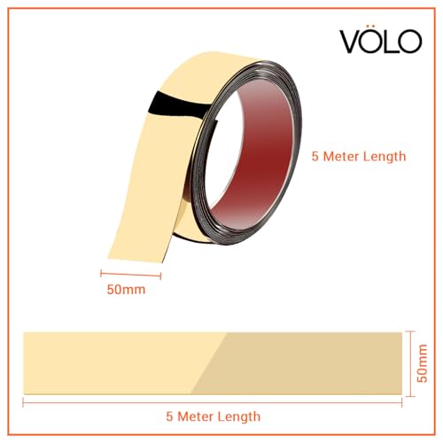 Image of VOLO Stainless Steel 5 Meter /16.4ft Mirror Finish Weather Strip - Waterproof Self-Adhesive Tape for Tile Gap, Wall, Cabinet, Kitchen & Floor - Peel & Stick Adhesive Strip (GOLD, 50MM (2 INCH))