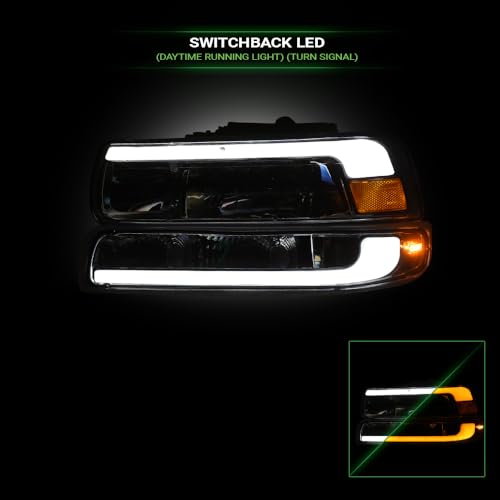 TLAPS 7422440081051 Compatible With 1999-2002 Silverado 1500 2500/2000-2006 Tahoe Suburban Switchback Sequential LED Chrome Headlights With Signal Bumper Am 4 Pc + Matte Blk Horizontal Front Grille